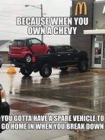 May be an image of 1 person, car, outdoors and text that says 'M BECAUSE WHEN YOU OWN A CHEVY...jpeg
